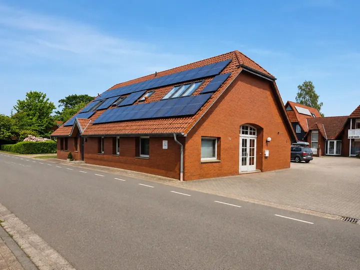 Gesamtansicht des Hauses Dümmerland mit rotem Ziegeldach und Photovoltaikanlage