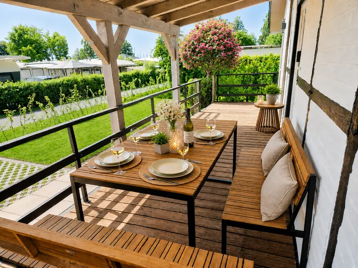 Überdachte Terrasse des Hexenhauses mit gedecktem Esstisch