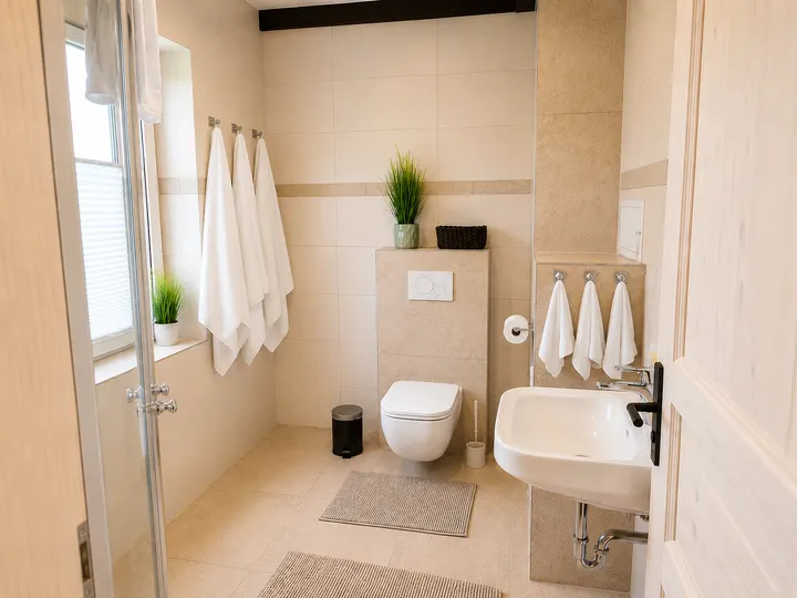Modernes Badezimmer im Hexenhaus mit Dusche und WC