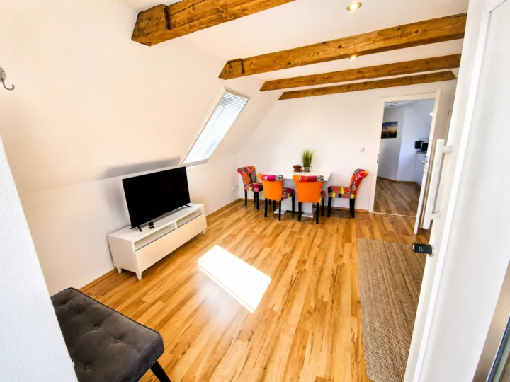 Heller Wohnbereich der Wohnung 4 mit Fernseher und Essplatz