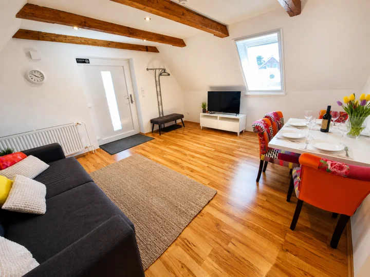 Wohn- und Essbereich der Wohnung 4 mit Sofa und farbigen Stühlen