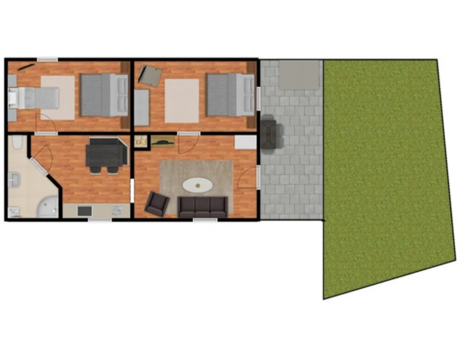 Grundriss der Wohnung 5 mit Terrasse und Garten im Haus Dümmerland