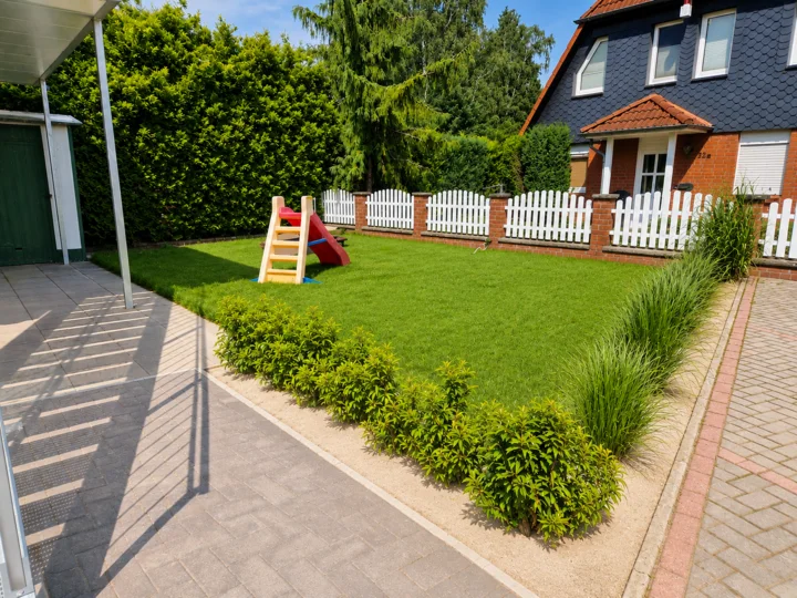 Eigener Garten der Wohnung 5 mit Rutsche und Rasenfläche