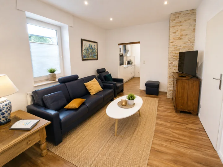 Großzügiger Wohnbereich der Wohnung 5 mit Sofa und Fernseher
