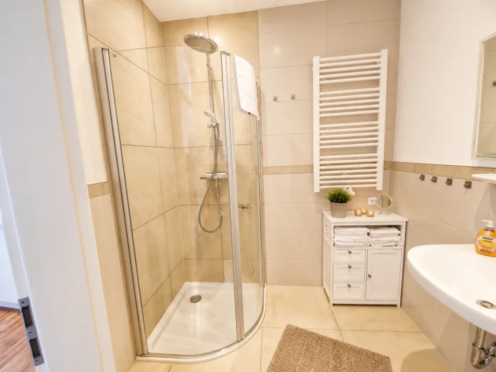 Modernes Badezimmer der Wohnung 5 mit Dusche und Handtuchheizkörper