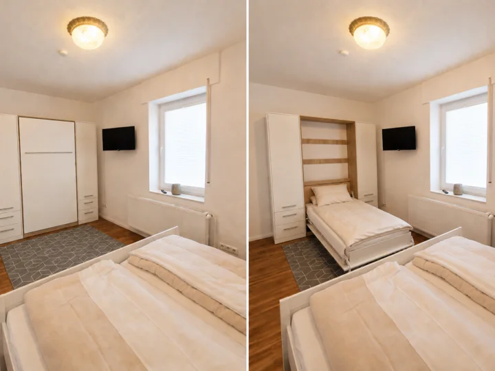 Schrankbett im zweiten Schlafzimmer der Wohnung 5 in geschlossenem und geöffnetem Zustand