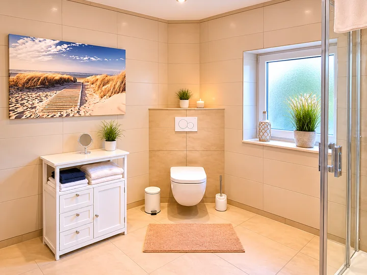 Modernes Badezimmer der Wohnung 6 mit WC, Fenster und Strandbild